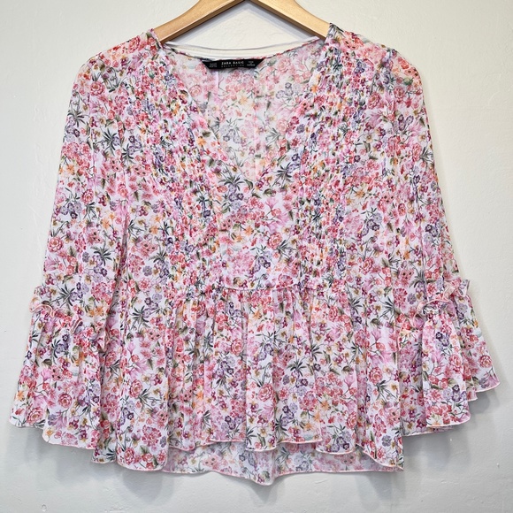 Zara | Chiffon Micro Ditsy Floral Peplum Bell Sleeve Lightweight Summer Blouse - Picture 3 of 15